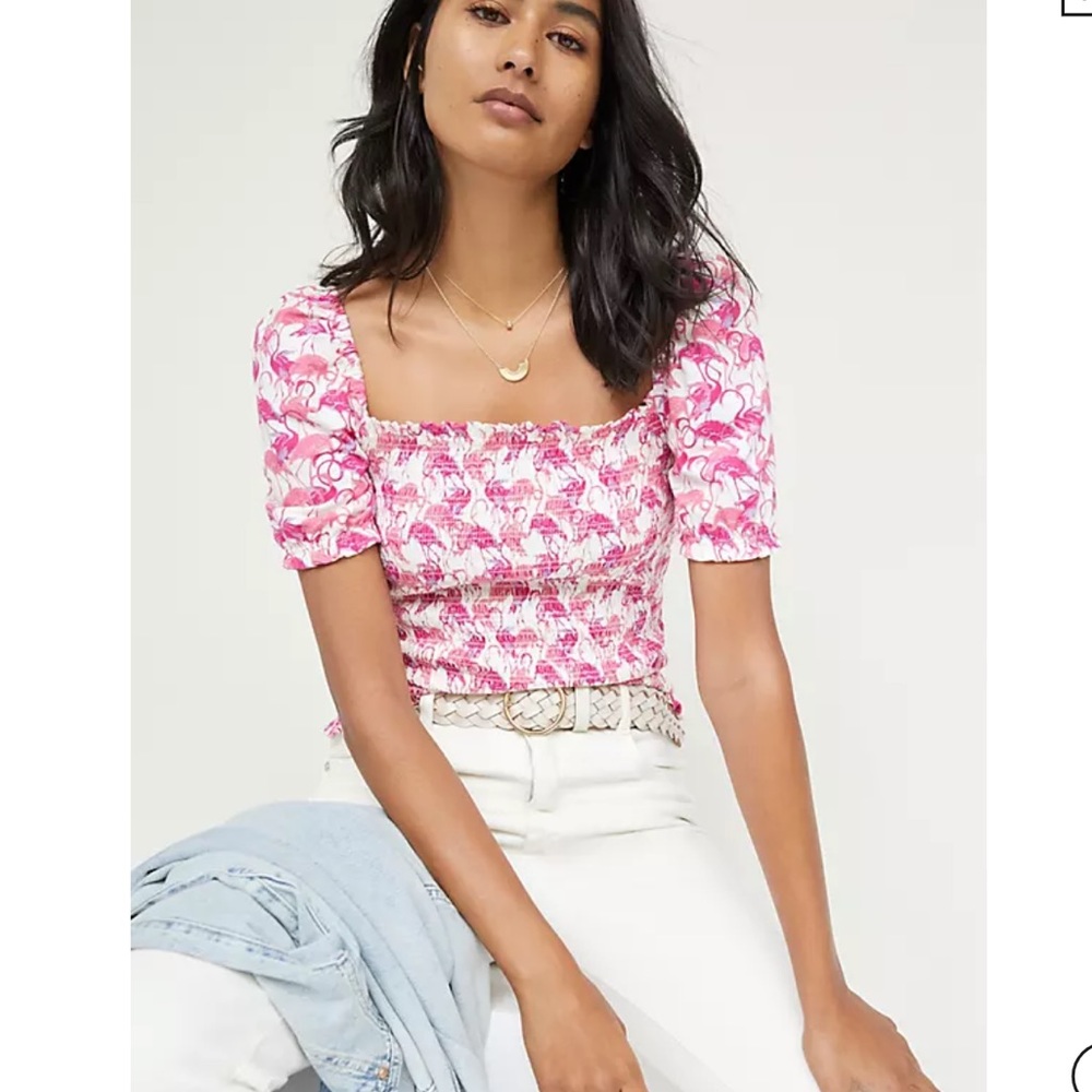 DOLAN ANTHROPOLOGIE Left Coast Print Flamingo Smocked Cropped Top.Size S